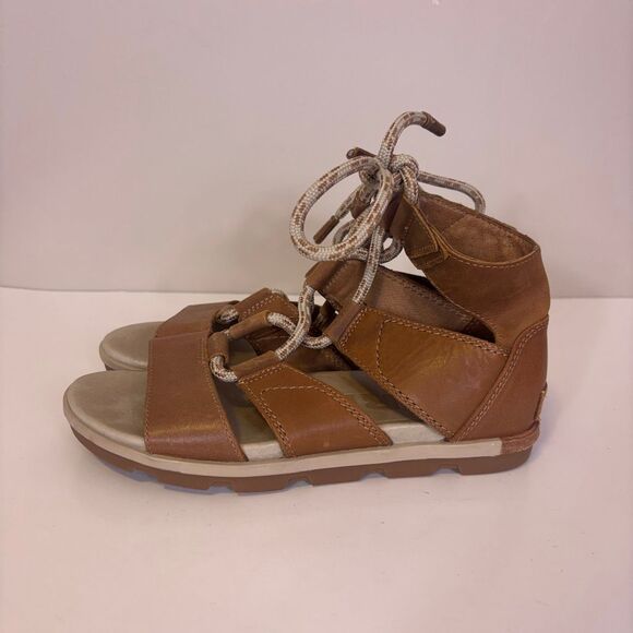 Sorel Women's Tan Leather Cutout Side Lace Up Sandals Size 7.5 - Picture 1 of 8